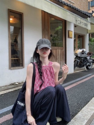 Pink Plaid Sleeveless Camisole Women's Summer Sweet Loose Outer Wear Design Chic Slimming Bud