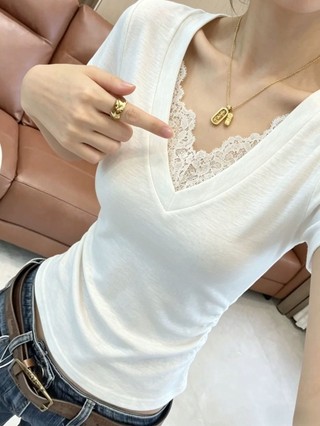 Pure Desire V-neck Lace Splicing Pleated Short-sleeved T-shirt Women's Summer New Slim Fit Ve