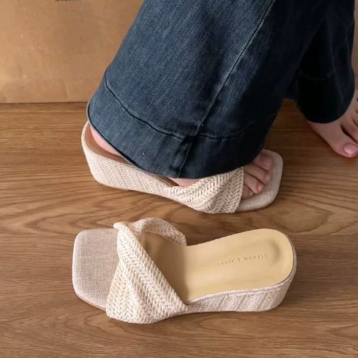 Giày sandal bện mũi vuông kiểu Pháp dành cho nữ, trang phục mặc ngoài mùa hè, váy phù hợp, dép x