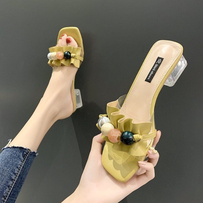 đôi sandal cao gót phong cách mùa hè mới mặc bên ngoài xếp li dép một chữ đính hạt pha lê gót cổ