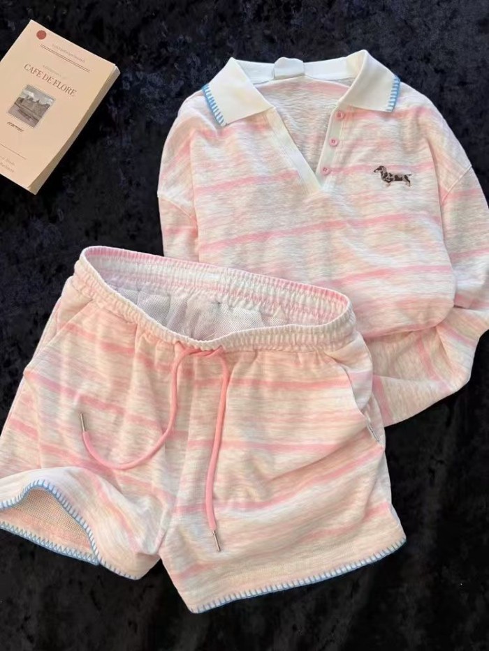 bộ đồ ngủ họa tiết dachshund sọc cao cấp dành cho nữ quần short dài tay phong cách Hàn Quốc Bộ đ