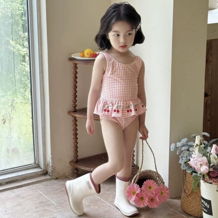 Đồ bơi bé gái Đồ bơi nhanh khô cho bé Gái Kẻ sọc Hồng Cherry Đồ bơi một mảnh