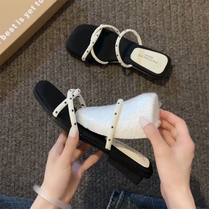 Dép cao cấp mùa hè Pháp, mũi vuông chấm bi, áo khoác ngoài đa năng, sandal chân váy