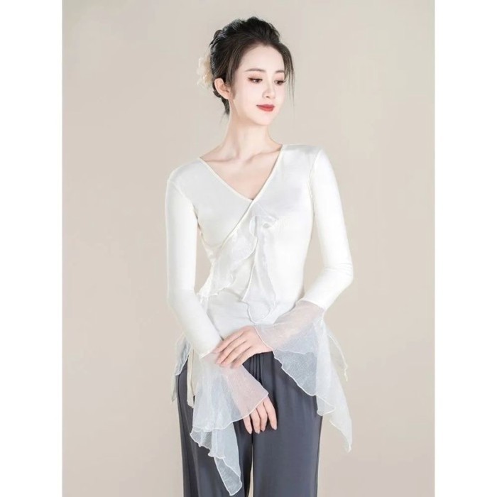 Áo thun dài tay khiêu vũ cổ điển dành cho nữ mới cao cấp giảm béo khí chất tập khiêu vũ quần áo