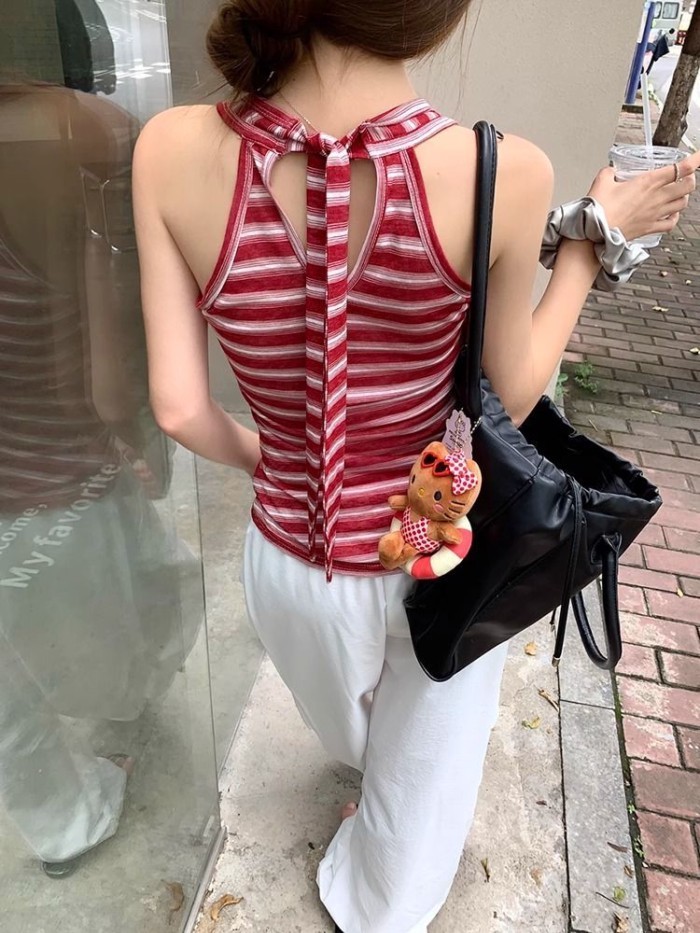 Retro Red Striped Camisole Women's Summer New Slim Fit Lace Design Niche Hot Girl Outer Top