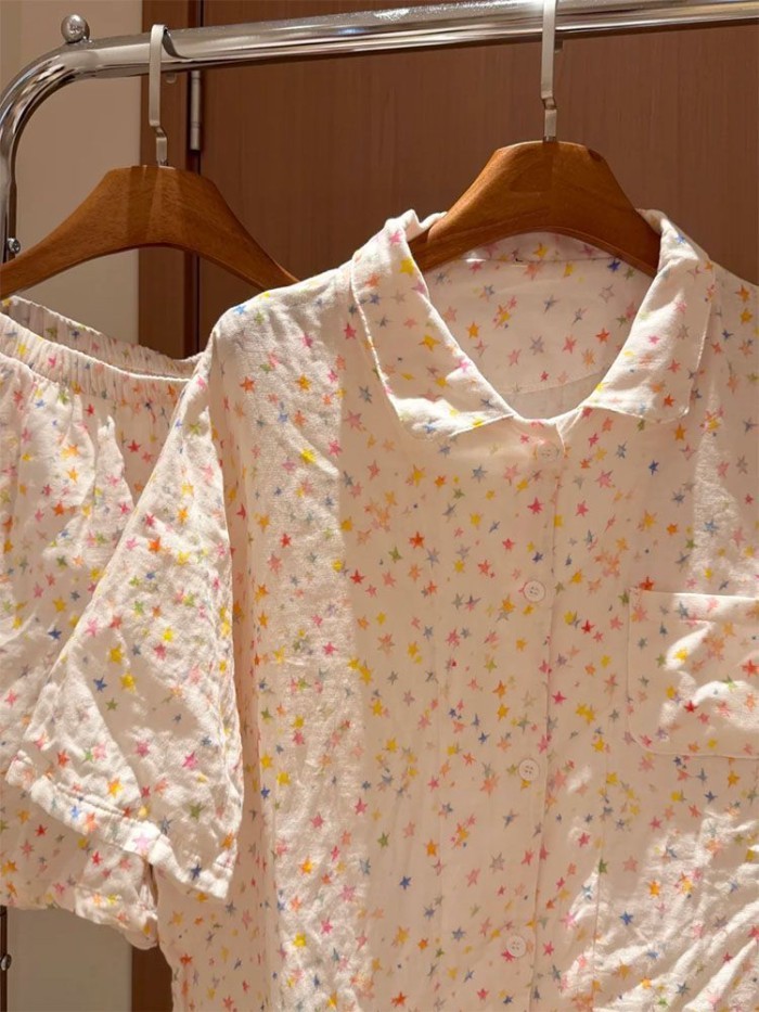 ngôi sao và đám mây đầy màu sắc ngọt ngào Bộ đồ ngủ bằng vải cotton cho nữ hoạt hình quần short