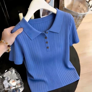Áo len ngắn tay cổ polo màu xanh lam Áo thun giảm béo cho nữ