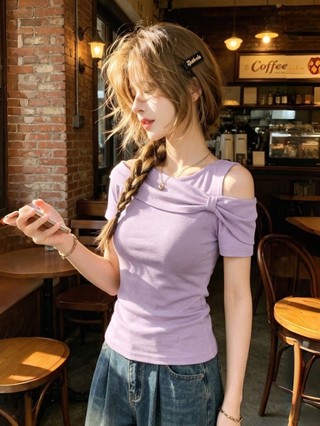 Áo thun ngắn tay trễ vai gió nhẹ màu tím dành cho nữ mùa hè mới phong cách Hàn Quốc thon gọn khí