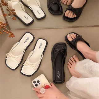 Sweet Cool Style Square-head Bow-knot Flip-flops For Women's Summer Outer Wear Soft-soled Non-