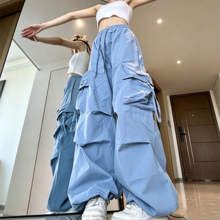 Quần dù Quần yếm nam nữ mùa xuân hè mỏng phong cách Mỹ giản dị quần ống rộng màu xanh