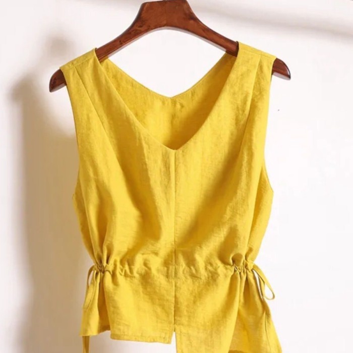 Áo vest không tay cổ chữ V bất đối xứng thắt lưng phong cách Hàn Quốc dành cho nữ mùa hè phon