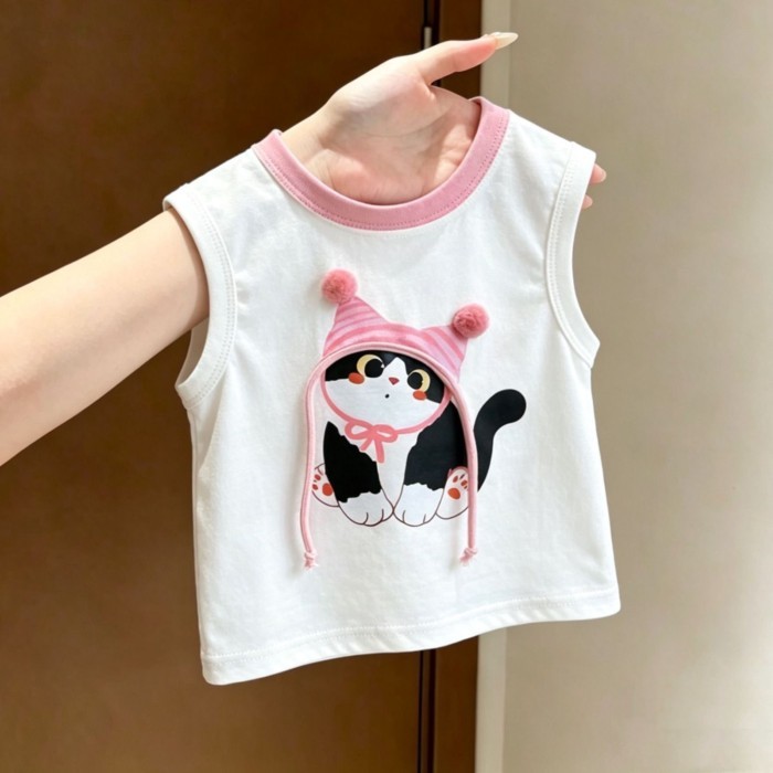 Bé Gái Phong Cách Hàn Quốc Mùa Hè In Hình Mèo Dễ Thương Áo Không Tay Cho Bé Màu Sắc Phù Hợp Với