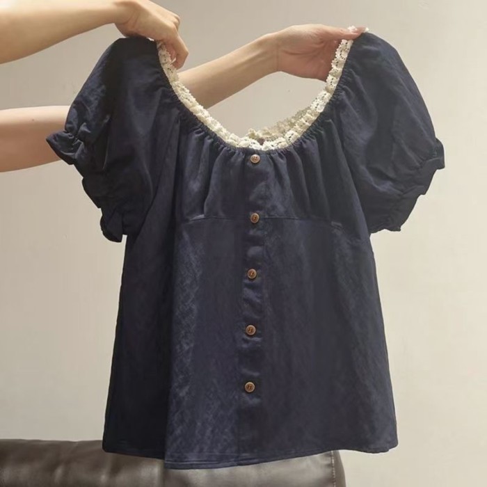 Áo phồng ren thiết kế mới mùa hè, tay ngắn dáng rộng, dáng suông, ren trắng, áo nhẹ đa năng,