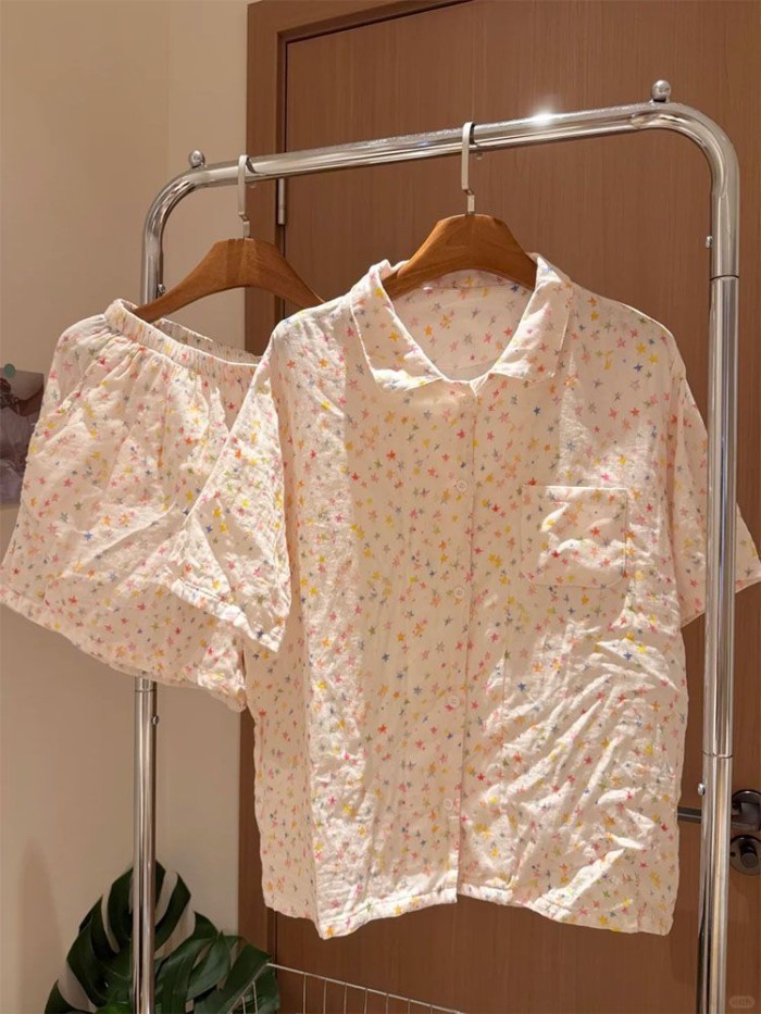 ngôi sao và đám mây đầy màu sắc ngọt ngào Bộ đồ ngủ bằng vải cotton cho nữ hoạt hình quần short