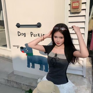 Korean Pure Lust Style Design Contrasting Fake Two-piece Short-sleeved T-shirt For Women Summ