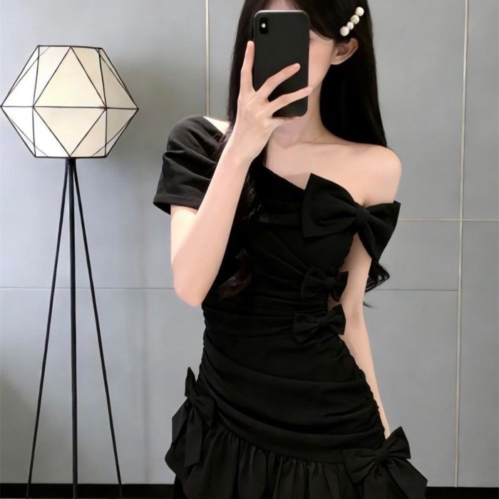 French Hepburn Style Black Bow Sloping Shoulder Slim Dress To Wear Dress Skirt For Women Summ