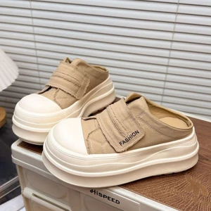 Dép nửa ngón chân bằng vải Velcro đế dày đế dày dành cho nữ, giày lười mũi rộng thông thường