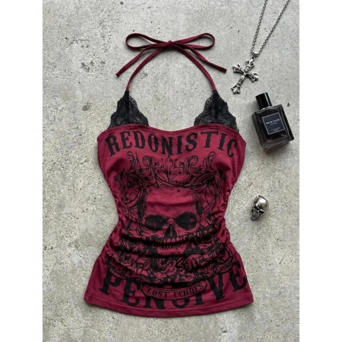 Millennial cổ xưa phong cách punk rock văn hóa nhóm màu đỏ giả hai mảnh ren dây áo vest y2k