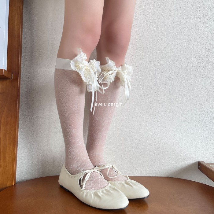 Have u desgin Mỏng Vớ Hoa Phong Cách Ba Lê Nơ Giữa Ống Bê Cọc Tất Nữ
