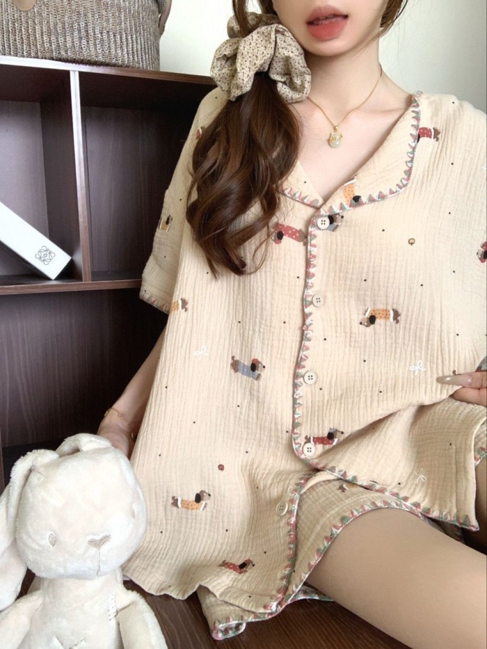 Korean Pajamas Ins Cartoon Dachshund Short-sleeved Home Clothes Summer New Cloud Cotton High-