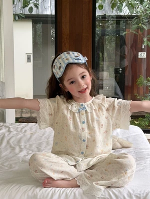 Bộ quần áo mặc ở nhà mới cho bé gái mùa hè Bộ hai món đồ ngủ ren mỏng kiểu dáng trẻ em dành cho