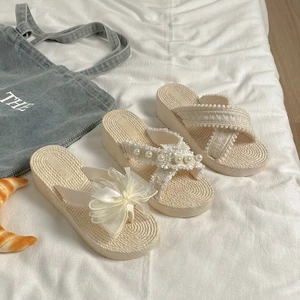 Dép xỏ ngón đế dày thắt nơ phong cách resort nhẹ nhàng cho nữ mặc như áo khoác ngoài, dép đi biể