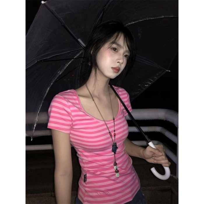 Áo thun ngắn tay dopamine tương phản phối màu sọc cổ lớn của Mỹ Áo phông ngắn đa năng trực qu