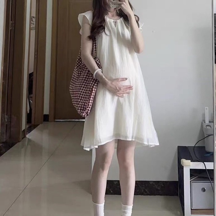Quần áo bà bầu thời trang mùa hè váy bà bầu tay bay dài váy lưới váy bà bầu mùa hè