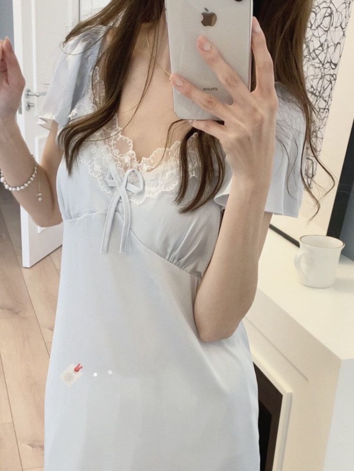 Beautiful Crushed Ice Blue Lace Nightgown For Women Summer Sweet High-end Pajamas Home Wear For