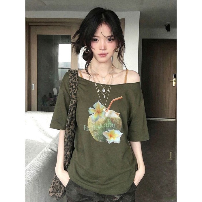 American Retro Sloped Shoulder Short-sleeved T-shirt For Women Summer Coconut Print Green Off-