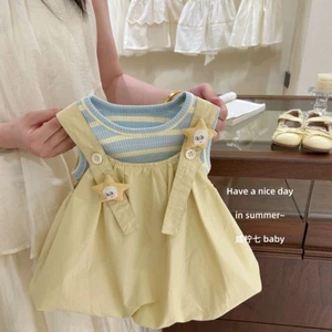 Bé Gái Áo Liền Quần Phù Hợp Với Mùa Hè Ngôi Sao Quần Áo Sọc Đáy Bé Dễ Thương Tây Áo Siêu Dễ Thươ