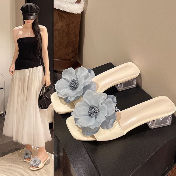 Dép hoa cổ tích mũi vuông váy hè xinh, sandal cao gót pha lê hở mũi thời trang