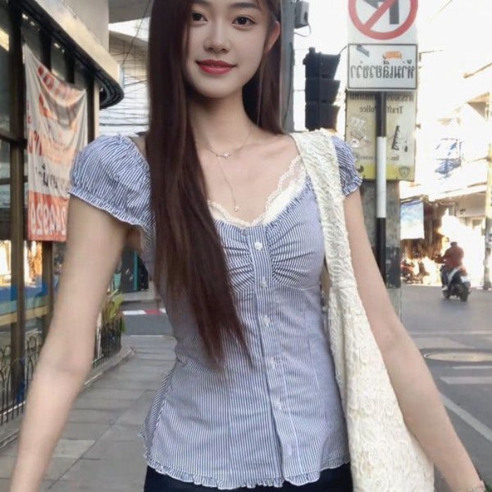 Korean New Sweet Summer Striped Short-sleeved Shirt Slimming Waist Pleated Top Design