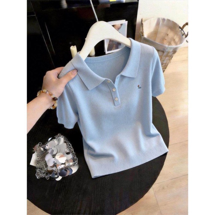 Nữ phong cách ngọt ngào phong cách Hàn Quốc Áo thun cổ polo ngắn tay áo len phổ biến