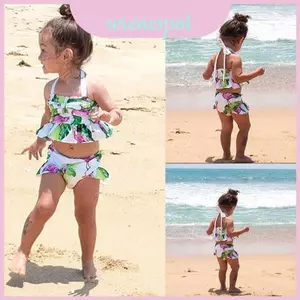 Bộ 2 Đồ Bơi Flamingo Đáng Yêu Cho Bé Gái Với Thiết Kế Hoa Ruffle Cho Sự Quyến Rũ Tối Giản