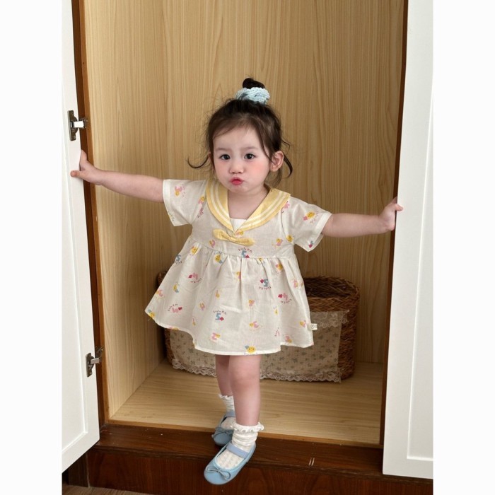 Girls Super Cute Dress New Summer Baby Girl Cute Navy Style Summer Cartoon Short Sleeve Skirt