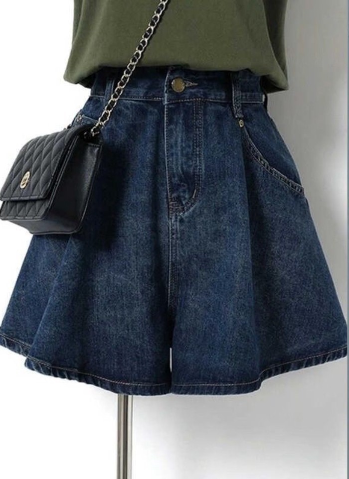 Kích thước lớn quần short denim eo cao mỏng mùa hè mm quần ống rộng rộng váy jeans