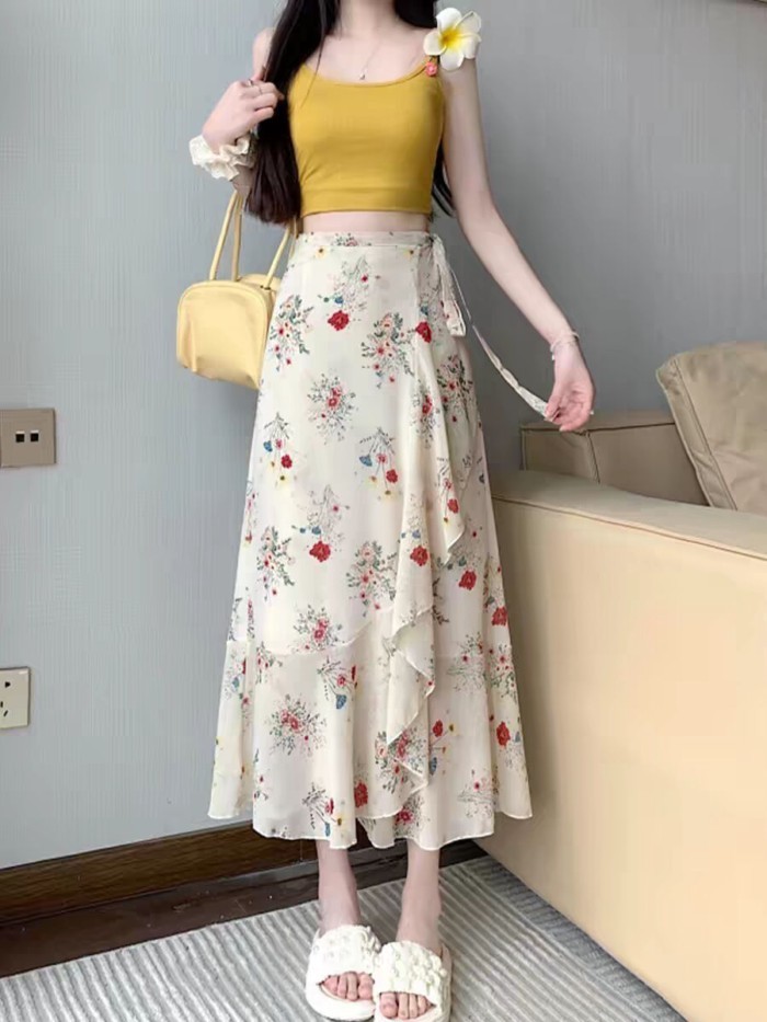 Váy xòe hoa nhẹ nhàng và nữ tính dành cho nữ mùa hè váy dài voan ôm sát hông đi biển mùa hè theo