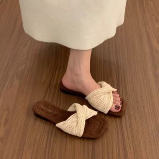 New Style Flat Square Toe Braided One-word Going Out Slippers For Women Summer Outer Wear Fre