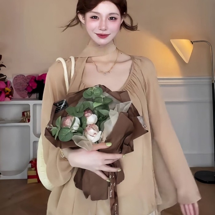 Áo sơ mi voan màu trà sữa phong cách nhẹ nhàng kiểu Pháp dành cho nữ mùa xuân cổ dây truyền thống c