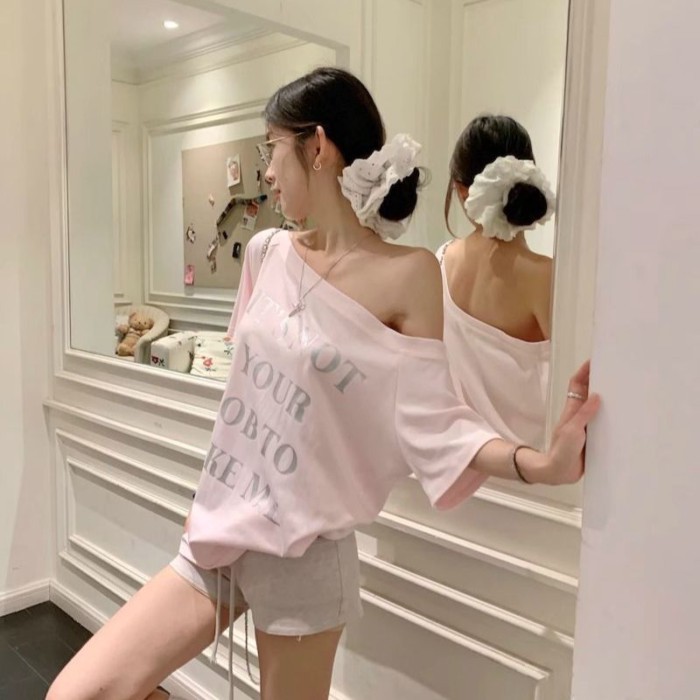 Áo thun ngắn tay trễ vai màu hồng Mỹ dành cho nữ thiết kế niche, áo trễ vai dáng rộng