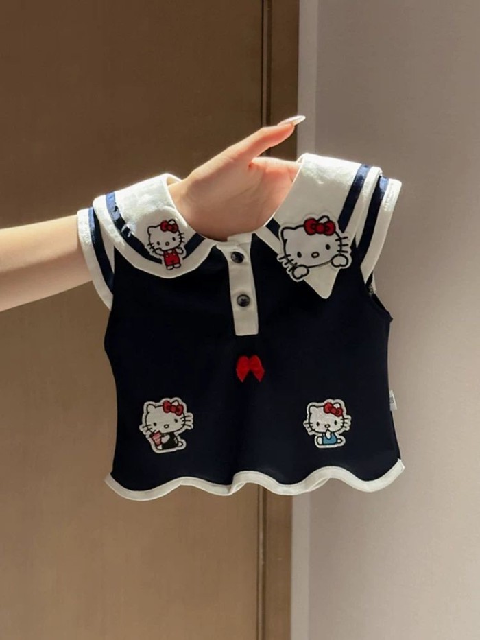Bộ đồ hai mảnh thêu hình Hello Kitty dễ thương cho bé gái