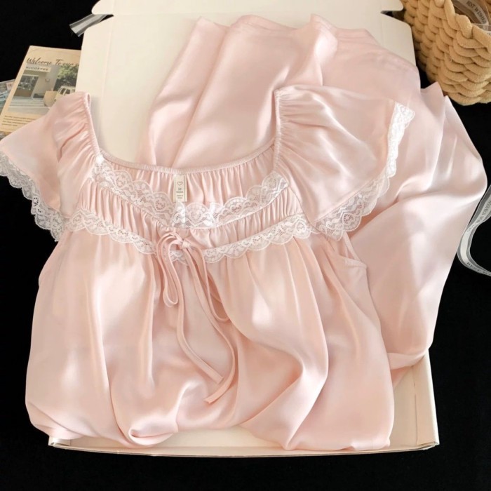 Ice Silk Bộ Đồ Ngủ Nữ Suspender Váy Ngủ Ren Gợi Cảm Có Miếng Đệm Mút Cảm Giác Thoáng Mát Nguy