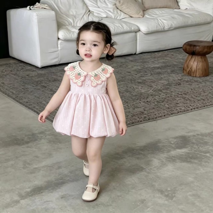 Children's Summer Princess Bud Dress Baby Girl Cute And Sweet Doll Collar Strawberry Plaid Fa