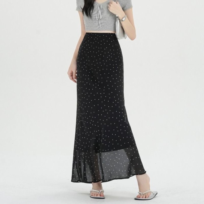 Lan ~ Pháp Chấm Bi Váy Voan Nữ Mùa Hè Phong Cách Mới Nhẹ Nhàng Phong Cách Phù Hợp Với Tất Cả Trận Đấu Mỏng Hơn Nhìn Burgundy Đuôi Cá Váy Dài