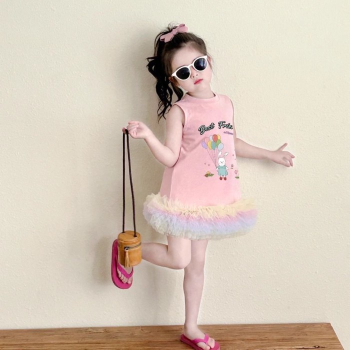 Korean Style Girl Colorful Yarn Splicing Princess Dress Summer Sweet And Fashionable Baby Gir