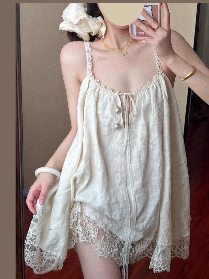 Váy ngủ gợi cảm, bà bầu có thể mặc dây treo ren, đồ ngủ ngắn, áo vest mùa hè cotton mây, quần