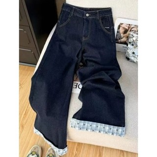 Thiết kế nơ cổ điển đa năng của Mỹ kẻ sọc nối denim quần ống rộng dài đến sàn dáng rộng