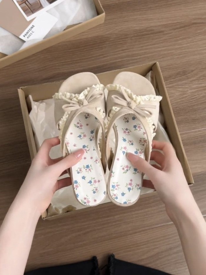 Nơ gió nhẹ nhàng bên trong nâng cao dép nhỏ ren hoa đi biển dép mùa hè