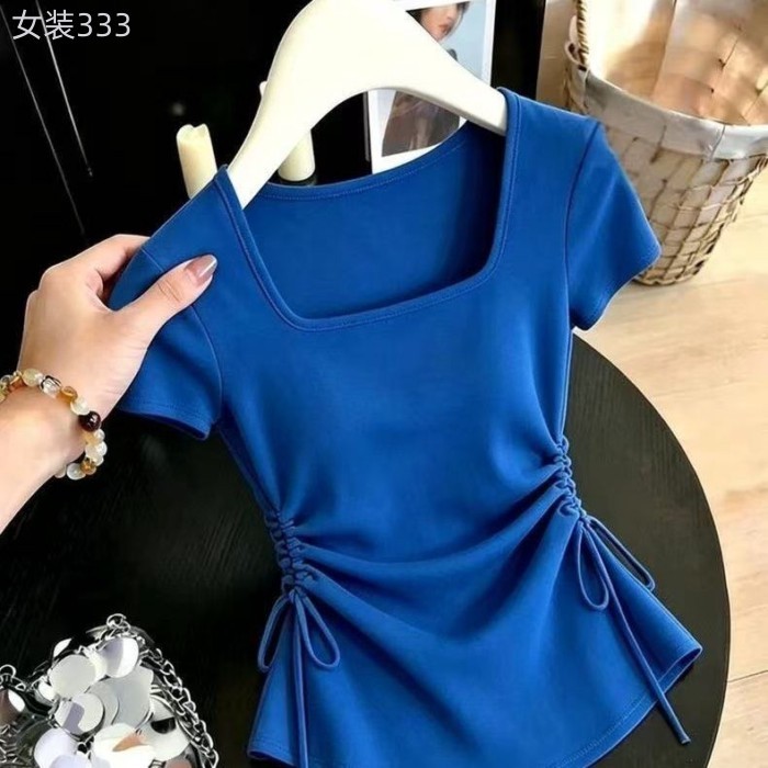 Áo thun hai dây rút phối ren eo cho nữ mùa hè phong cách mới nhỏ có hương thơm giảm tuổi tác